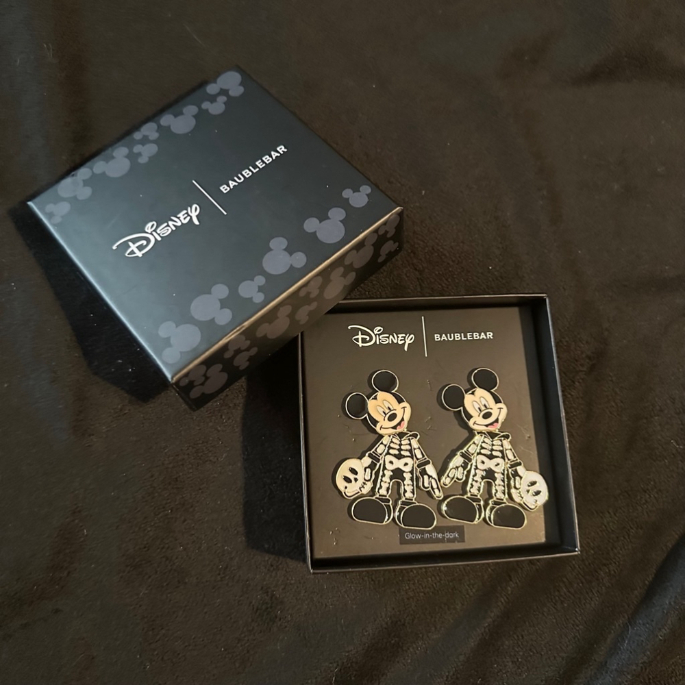 Disney BaubleBar Skeleton Mickey Earrings Halloween Black White Glow in the dark